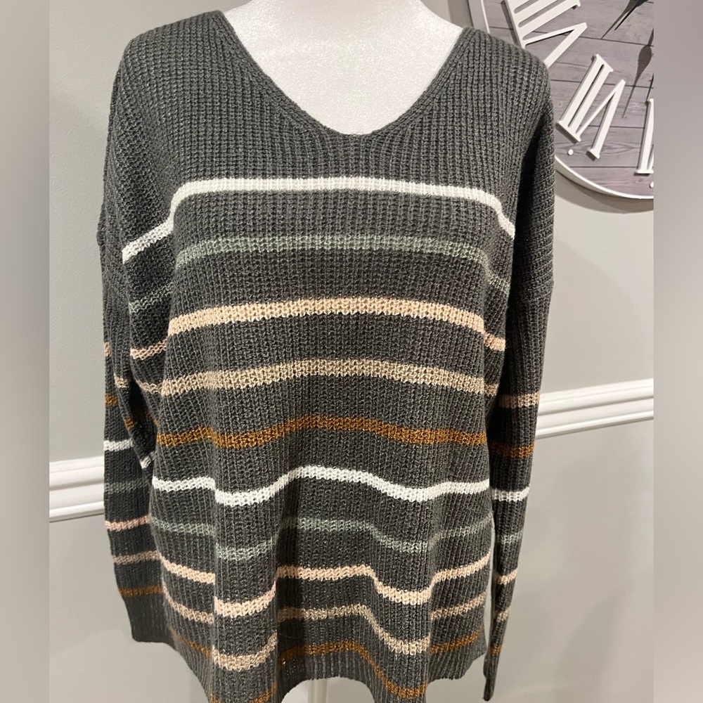 Women's Sweater gray with stripes light sweater runs slightly oversized Size S/M